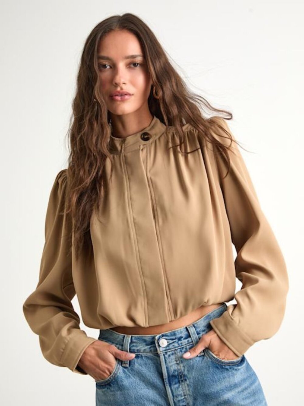 Lulus Melanya Tan Puff Sleeve Cropped Bubble-hem Jacket Brown - Size M
